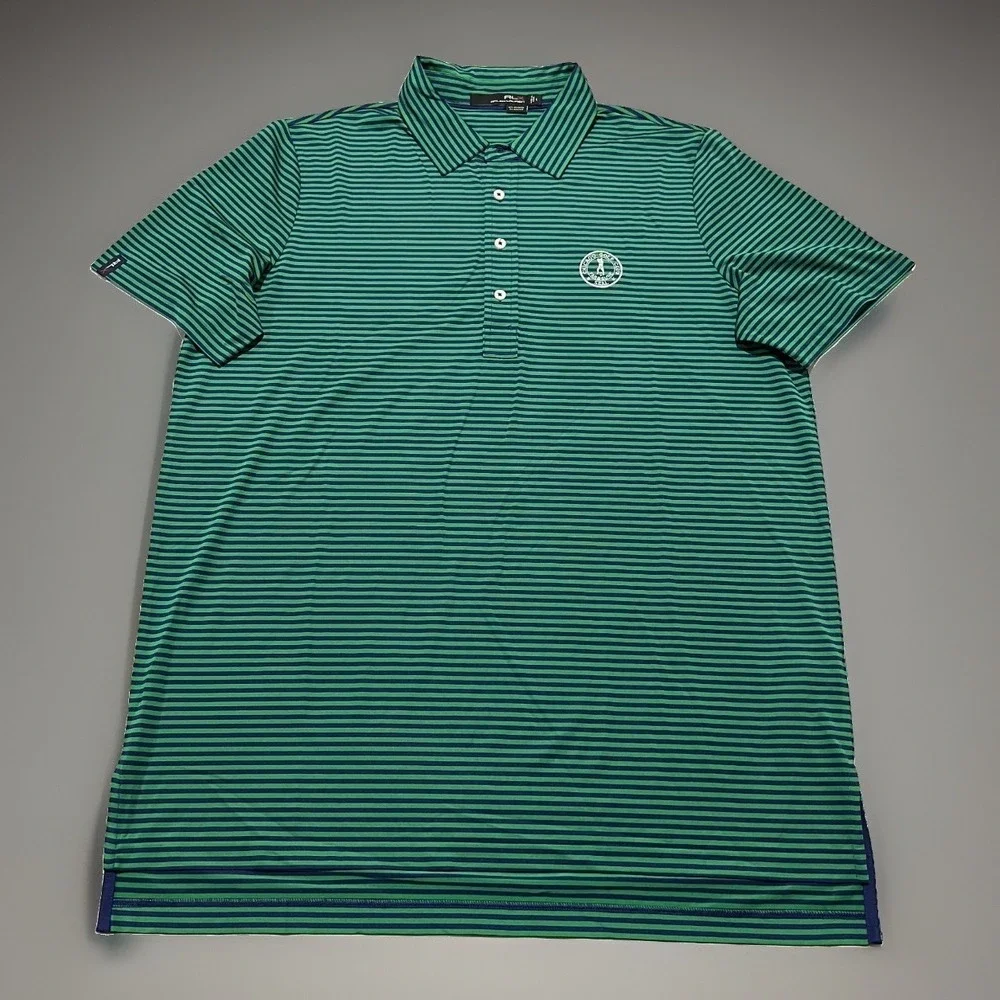 RLX Ralph Lauren Mens Green Blue Striped Chicago Golf Club Polo Shirt Size L